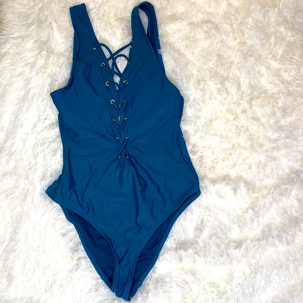 Cabana Del Sol Teal Blue Green One-Piece Swim Bathing Suit Size Small